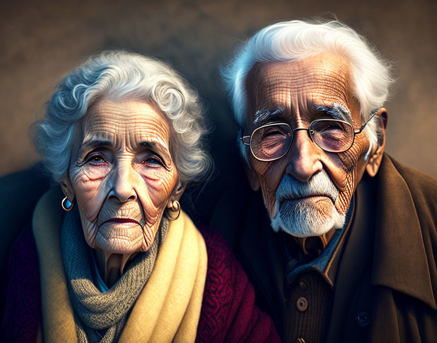 Elderly couple with wrinkled skin and white hair in yellow scarf and brown coat gazes forward