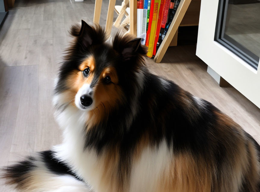 Sable Shetland Sheepdog Sitting Indoors Near Bookshelf