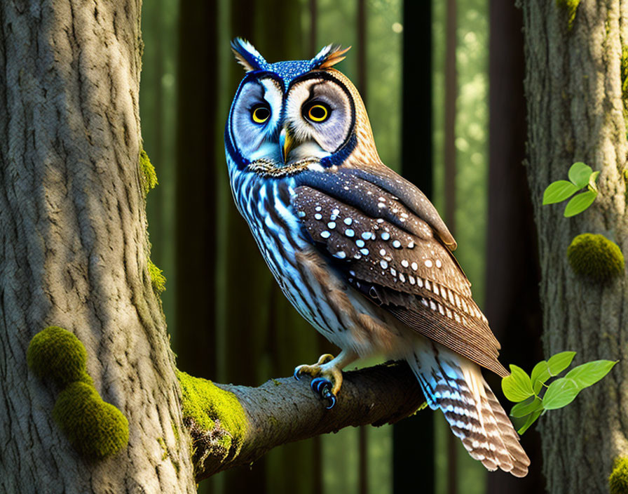 Owl perched on mossy branch in forest with sunlight filtering.