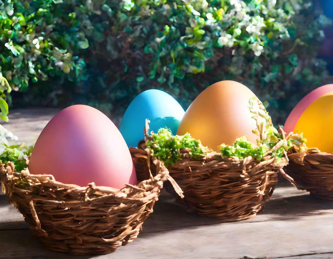 Colorful Easter Eggs in Wicker Baskets on Wooden Surface