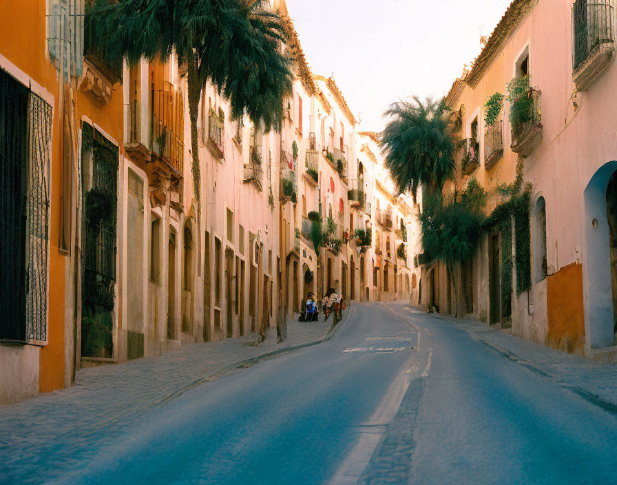 Charming cobblestone street with colorful buildings and palm trees