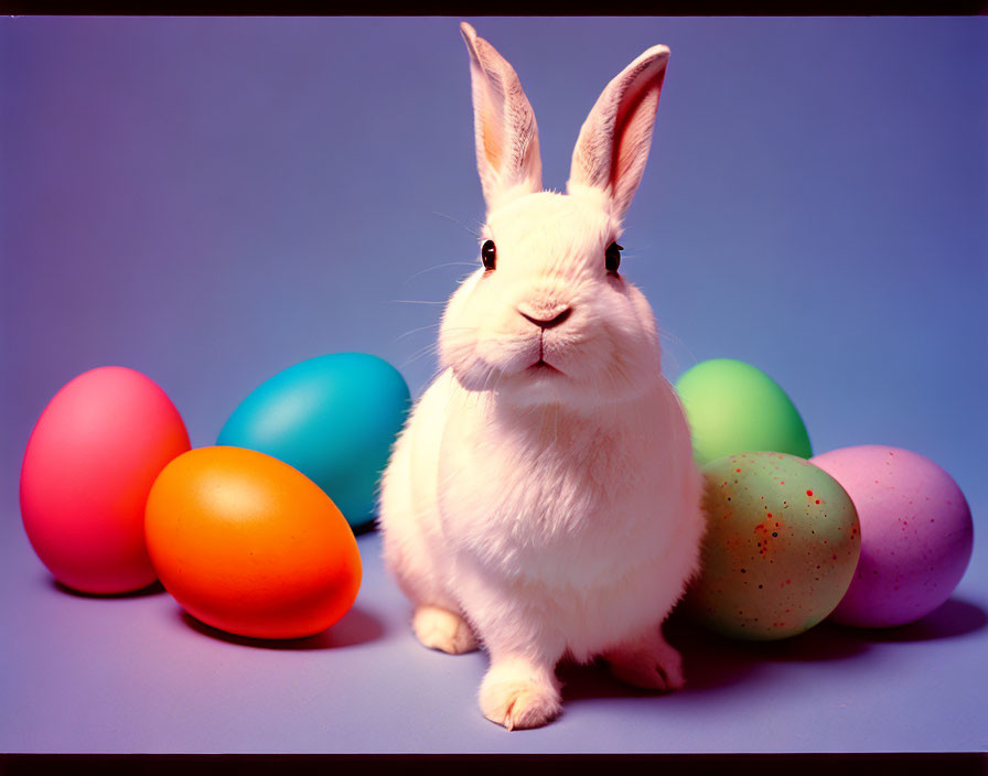 White Rabbit Surrounded by Easter Eggs on Blue Background