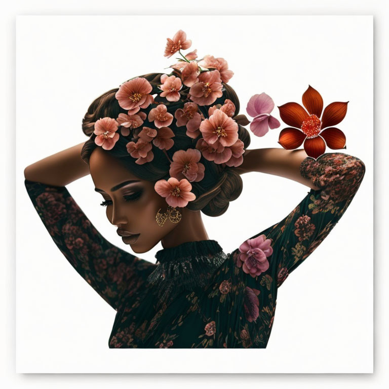 Woman with Flowers in Hair and Dress Posing Elegantly