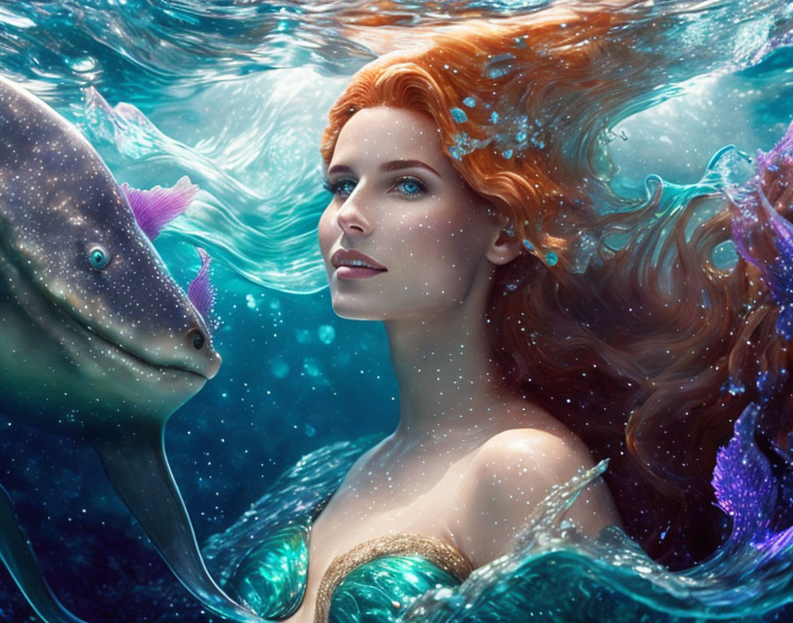 Red-Haired Woman with Dolphin in Underwater Scene