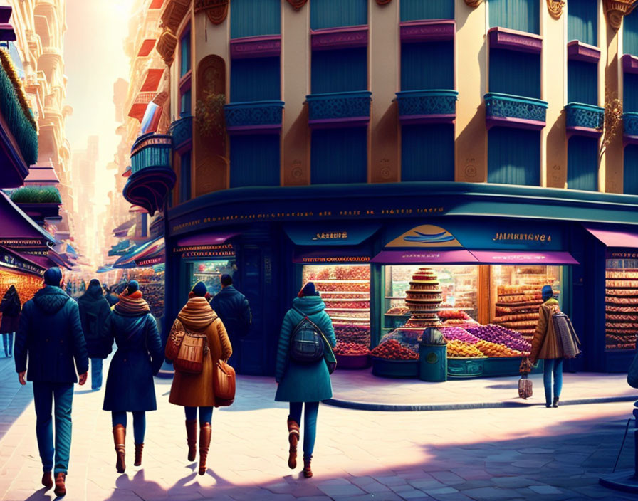 Colorful Street Scene with Vibrant Buildings and People Walking in Warm Light