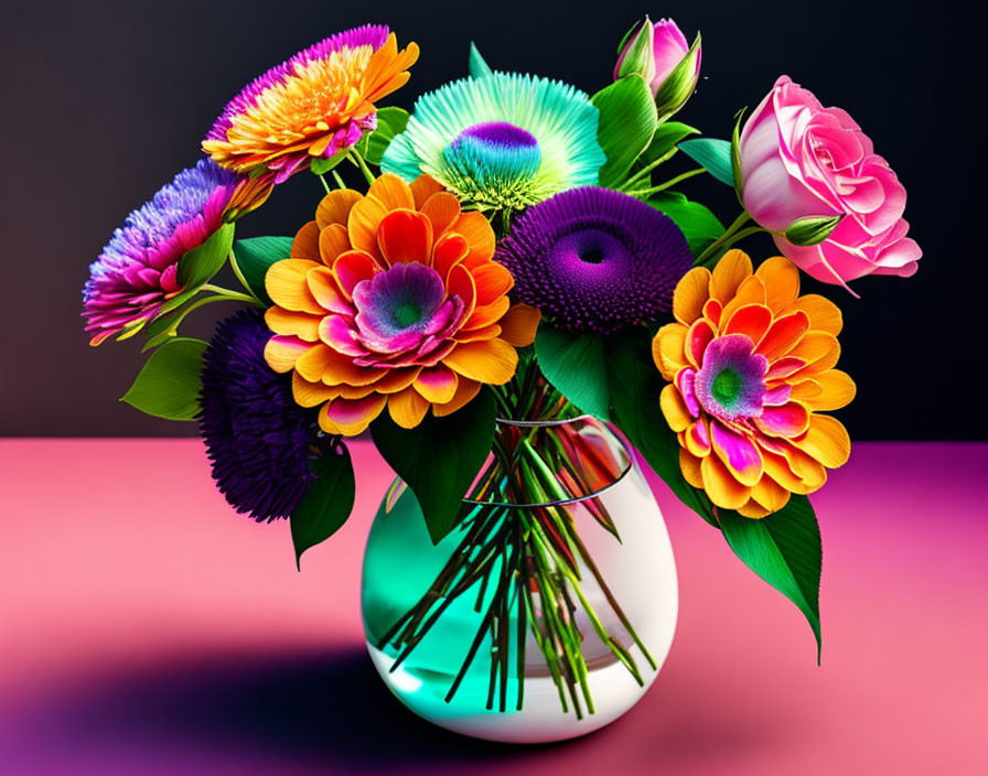 Vibrant bouquet of flowers in white vase on dark background