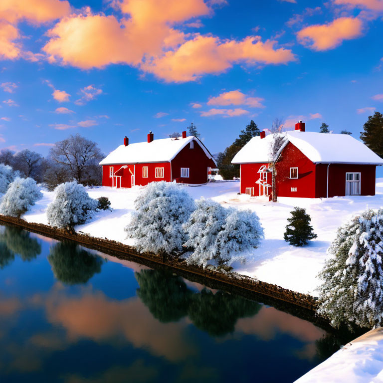 Red houses with white trim in snowy landscape by tranquil river