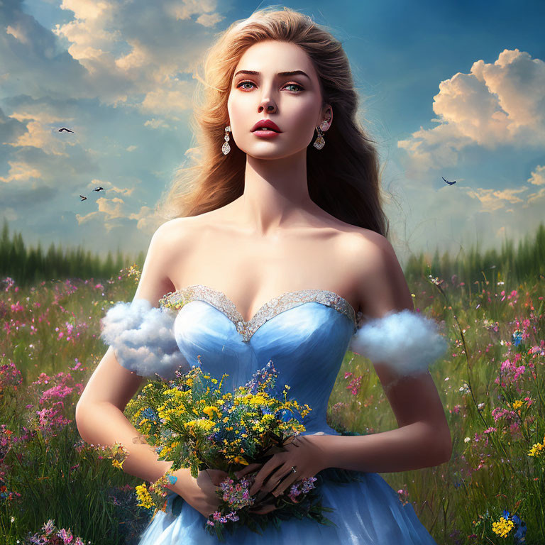 Blonde Woman in Blue Gown with Flowers in Digital Art