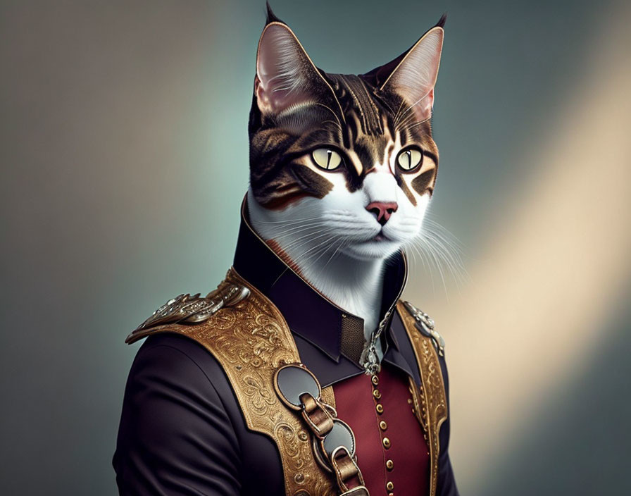 Cat in military-inspired outfit with human-like features exuding nobility