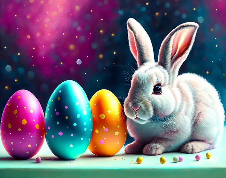 Fluffy white rabbit with Easter eggs in whimsical setting