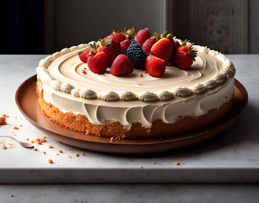 Creamy cheesecake with fresh strawberries and blueberries on wooden plate