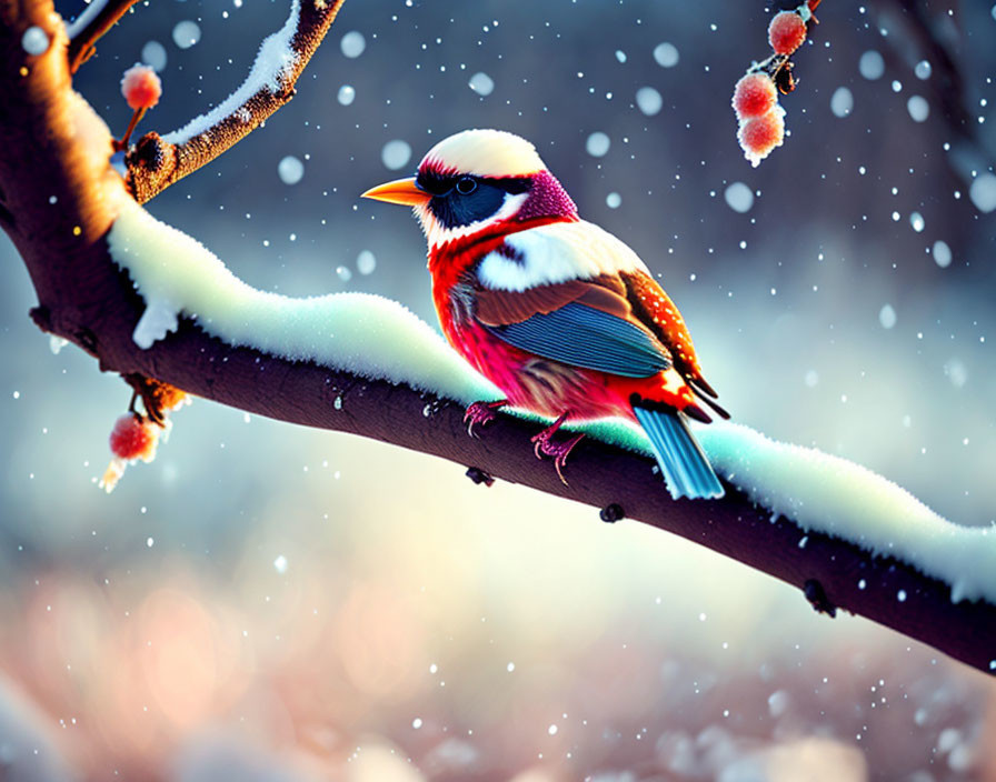 Colorful Bird Perched on Snow-Covered Branch Amid Falling Snowflakes