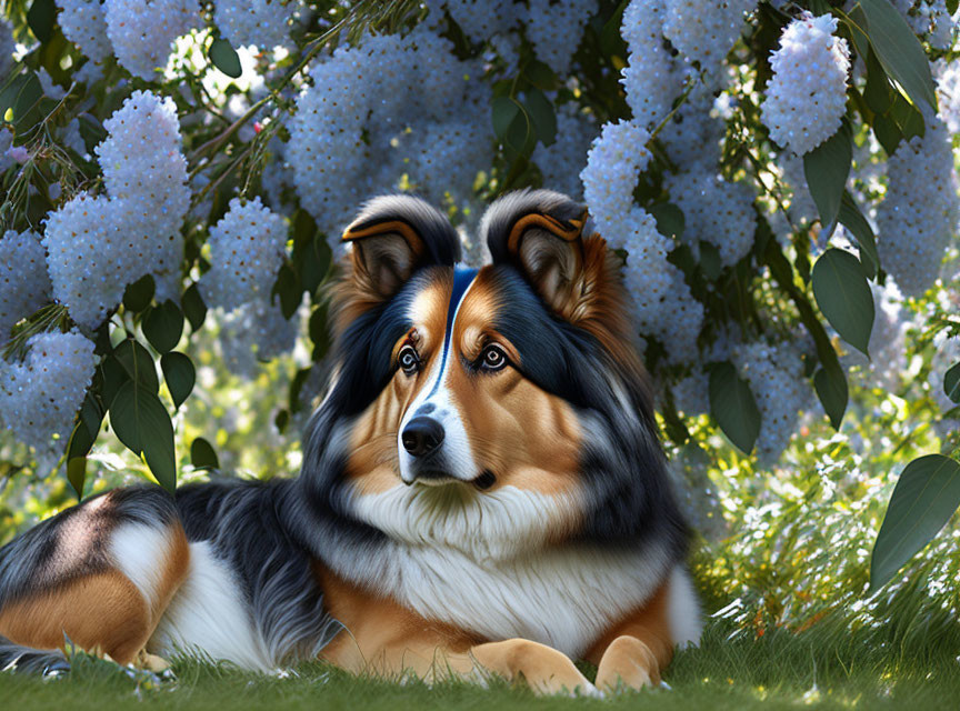 Tricolor Shetland Sheepdog Resting Among Lilac Flowers