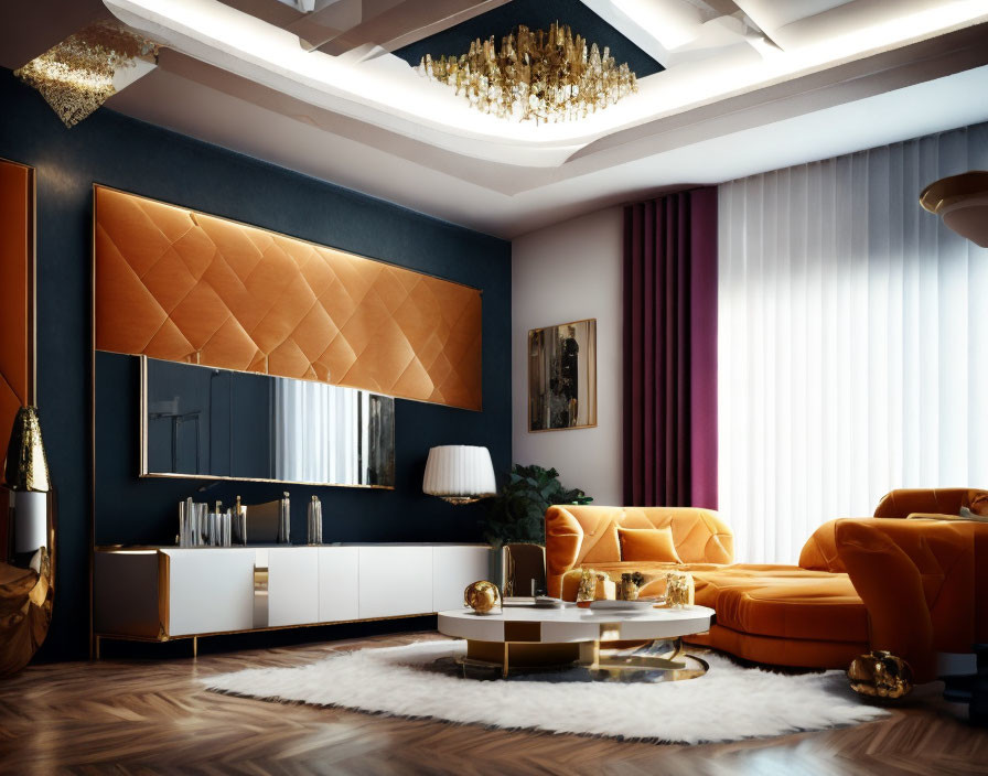 Elegant Living Room with Blue and Gold Decor & Plush Orange Sofas