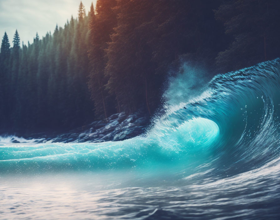 Luminescent blue wave with pine forest under dusky sky