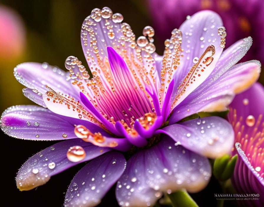 Detailed Close-up of Purple Flower with Water Droplets and Pink Center