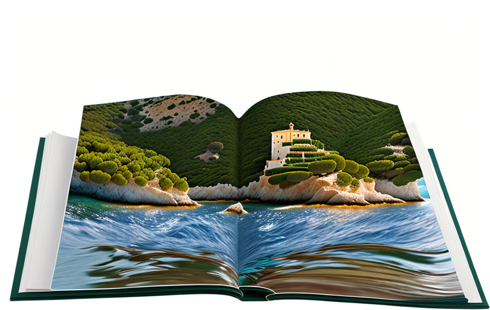 Open book revealing 3D landscape of hills, house, trees, and sea