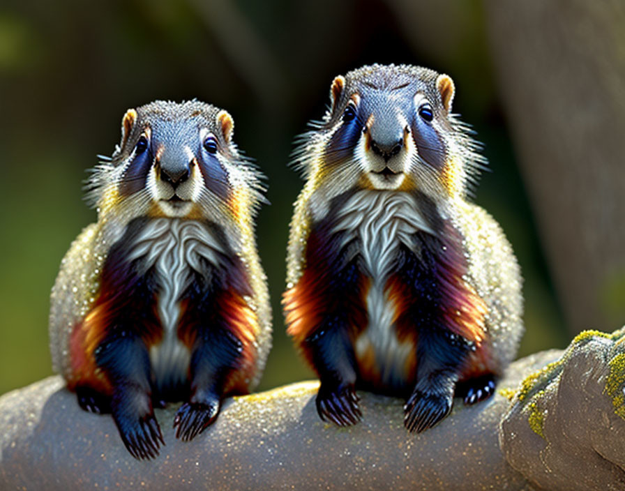 Iridescent fur squirrels on branch gaze at camera