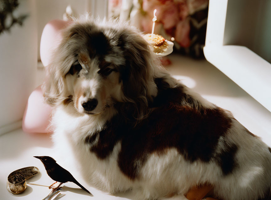 Fluffy Black and White Dog with Bird Figurine in Soft Pink Light