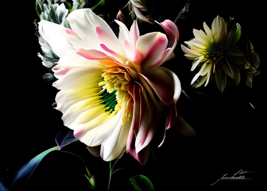 White and Pink Flower with Yellow Center on Dark Background