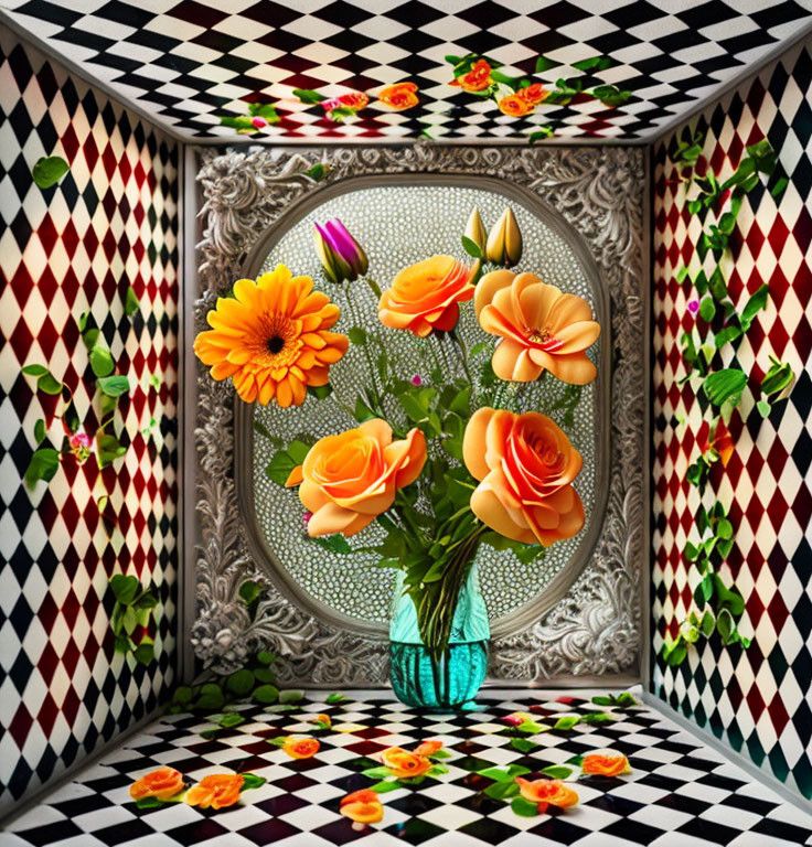 Colorful orange and yellow flower bouquet in blue vase on surreal checkered background