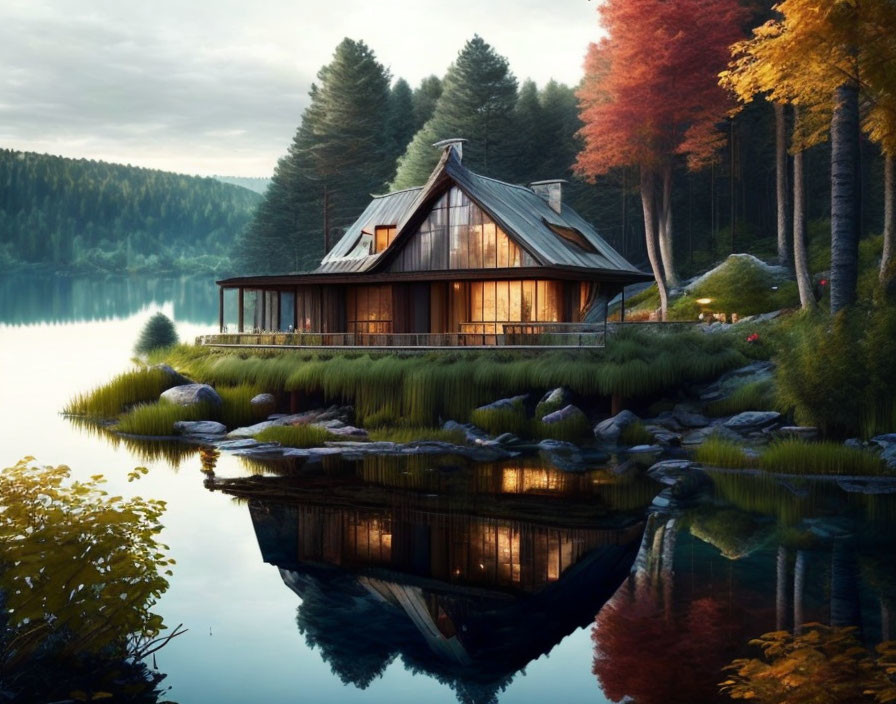 Tranquil lakeside house in autumn forest at dusk