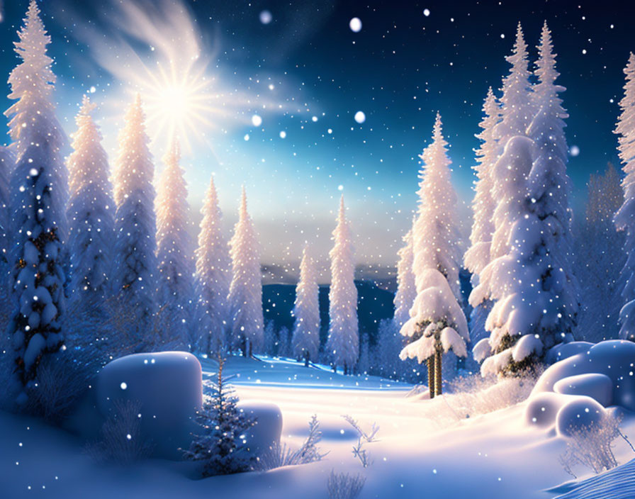 Snow-covered fir trees under starry sky with celestial body glow