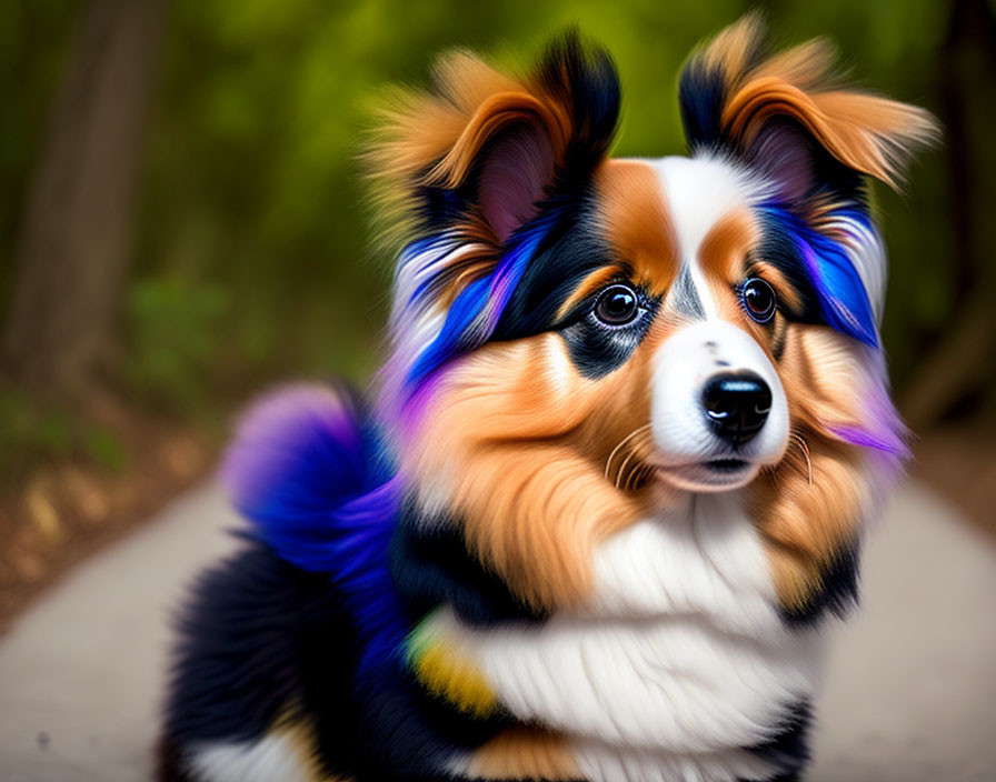 Tricolor Shetland Sheepdog with vibrant fur colors on path