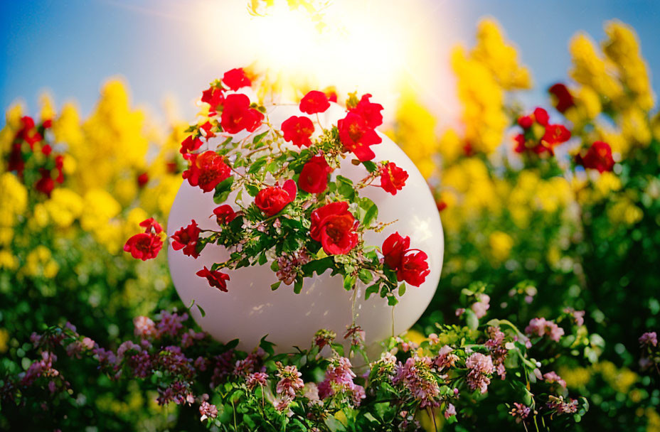 Colorful garden scene with red roses, yellow flowers, and blue sky