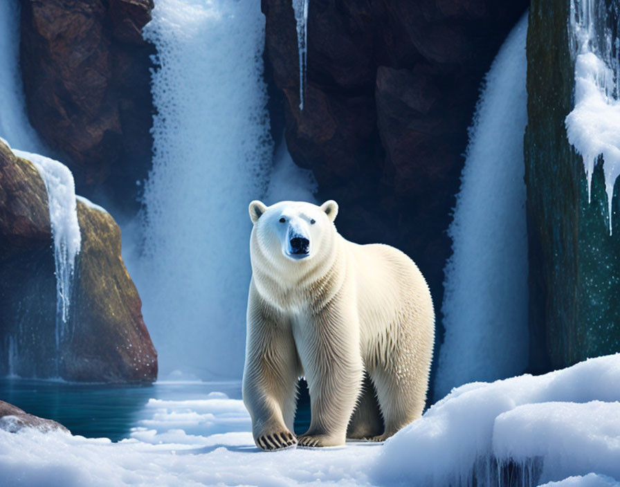 Polar bear on snowy terrain with icy waterfalls and rocks