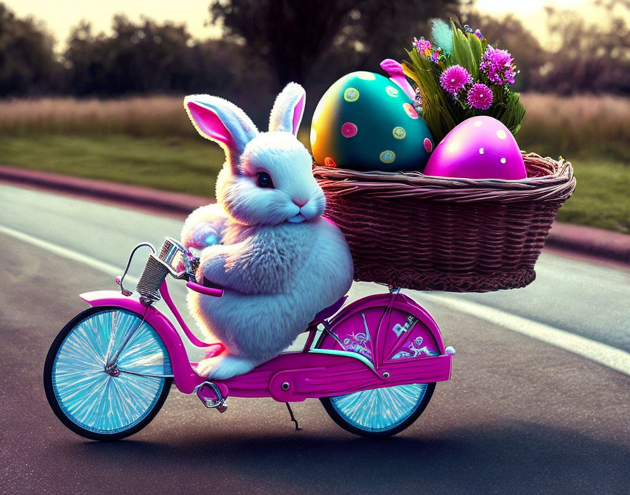 Plush bunny on pink bicycle with Easter eggs and flowers