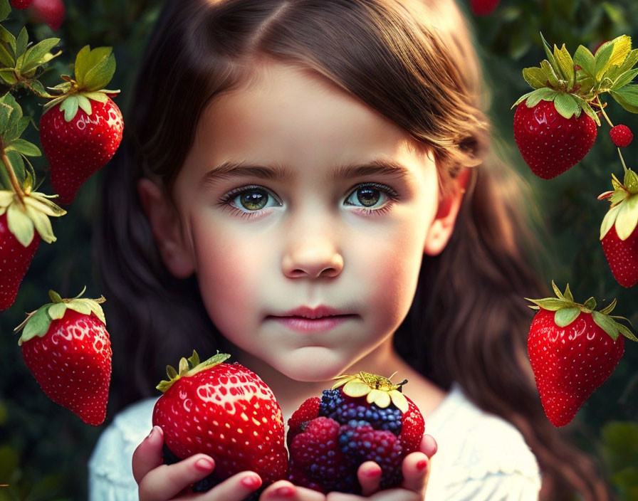 Young girl with dark hair and green eyes holding ripe strawberries in strawberry and greenery bokeh.