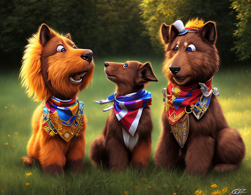 Colorful Cartoon Dogs with Neckerchiefs and Medal in Sunny Meadow