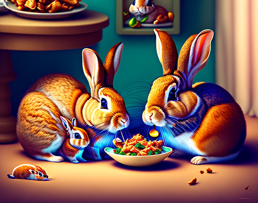 Large rabbits, small bunny, and tiny mouse sharing vegetables in cozy indoor scene