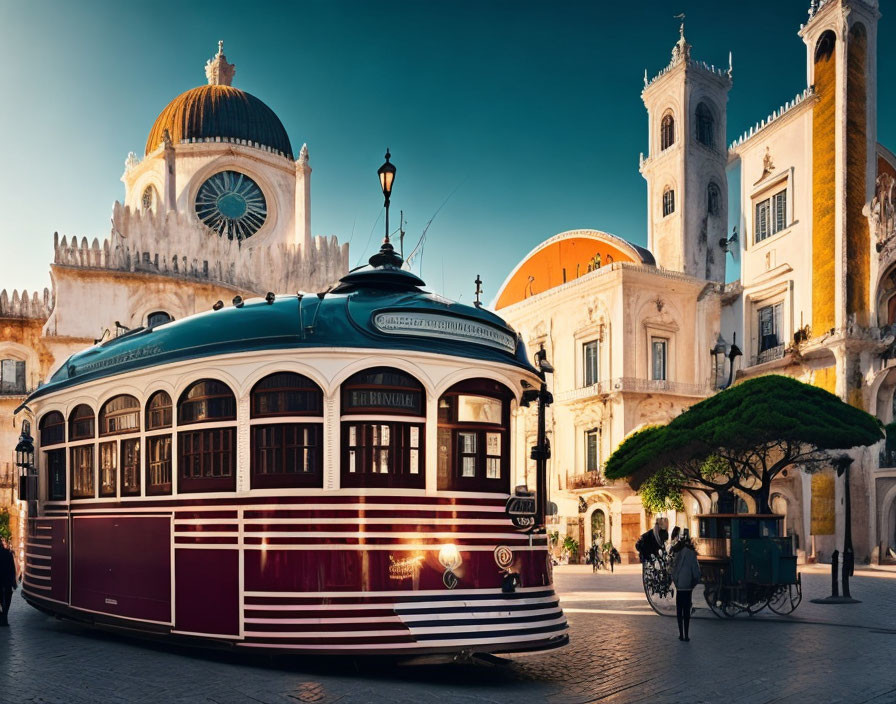 European Square Vintage Tram & Historical Buildings Under Blue Sky