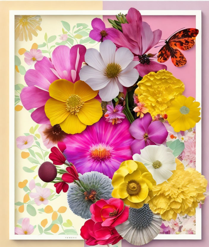 Colorful Flower Collage with Butterfly on Cream Background