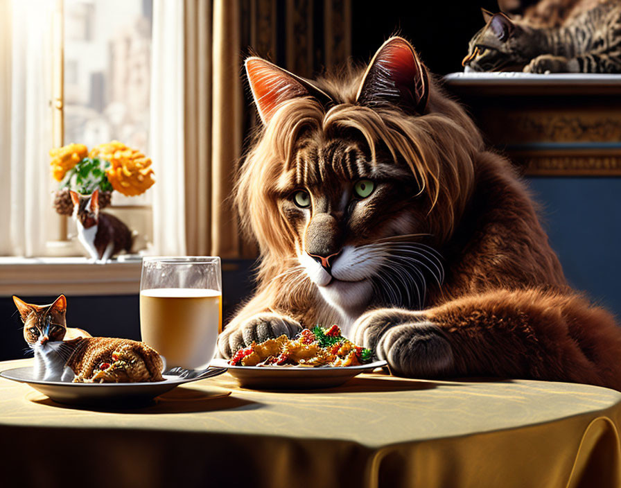 Digitally altered image: Large cat dining with human-like posture.