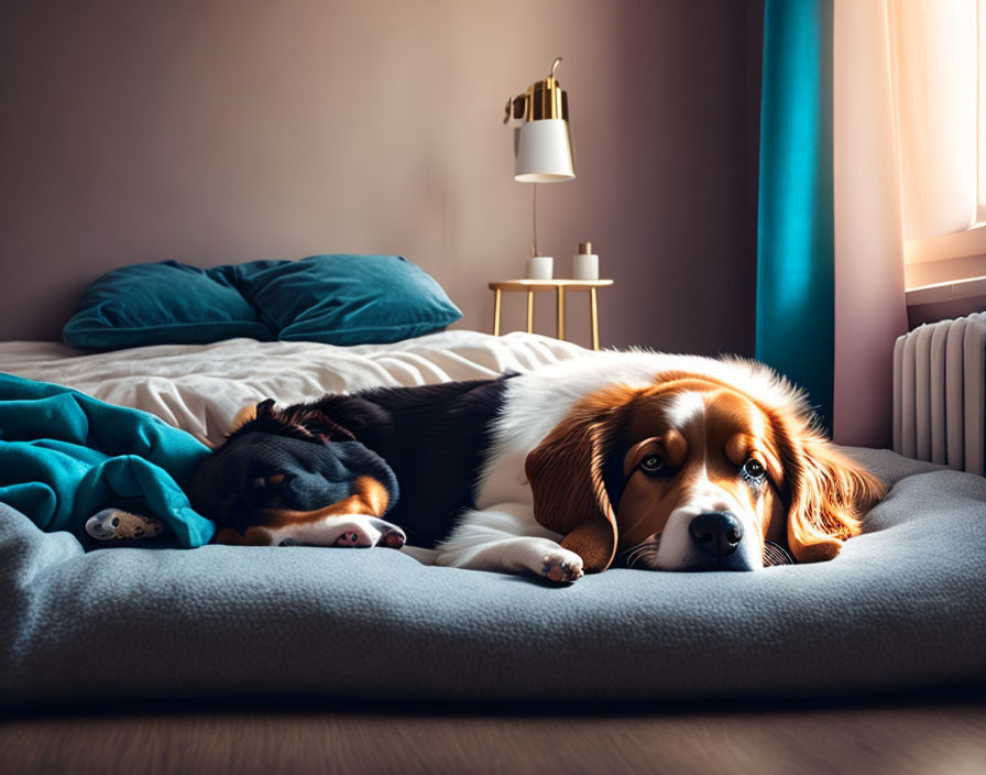 Dog lounging on cozy bedroom bed with warm lighting & side table lamp