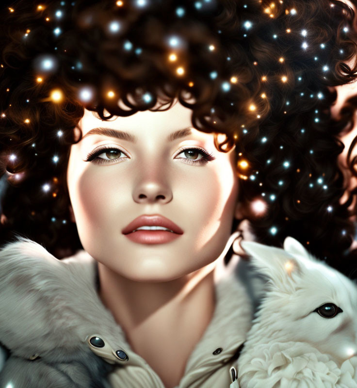 Woman with curly hair, fur coat, and fox companion under twinkling lights.