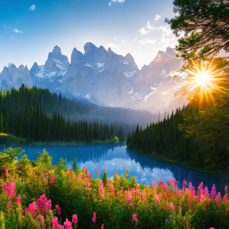 Tranquil alpine lake with sunburst, mountain peaks, wildflowers, and lush trees.