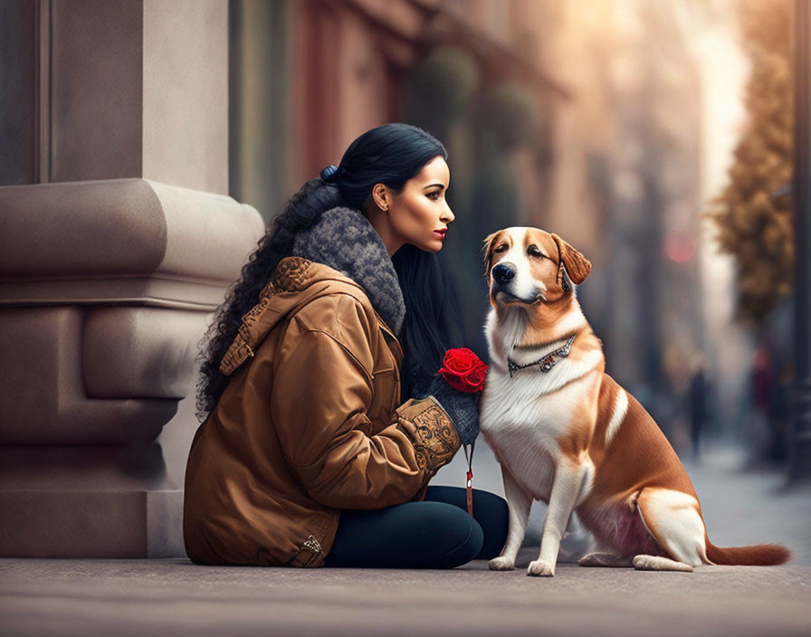 Woman with dog sharing a quiet moment on city street