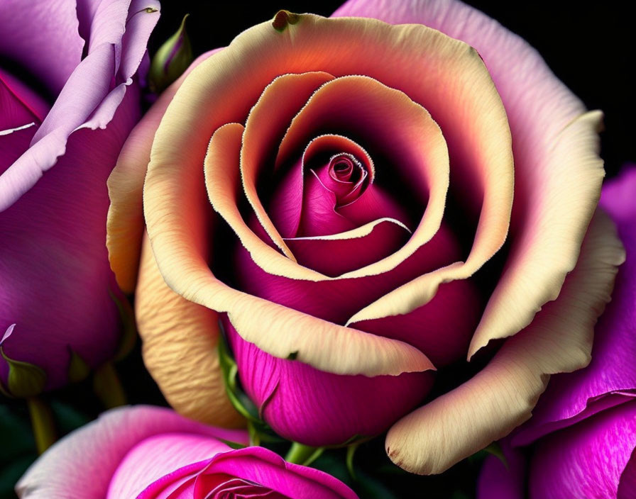 Multicolored rose close-up with pink to yellow petals, surrounded by purple roses