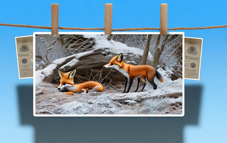 Two foxes in snow beside den, money bills as hanging clips on blue sky