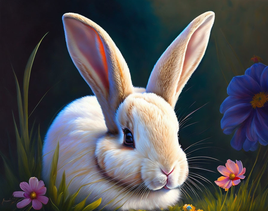 Realistic Painting of White and Tan Rabbit in Lush Field with Purple and Pink Flowers