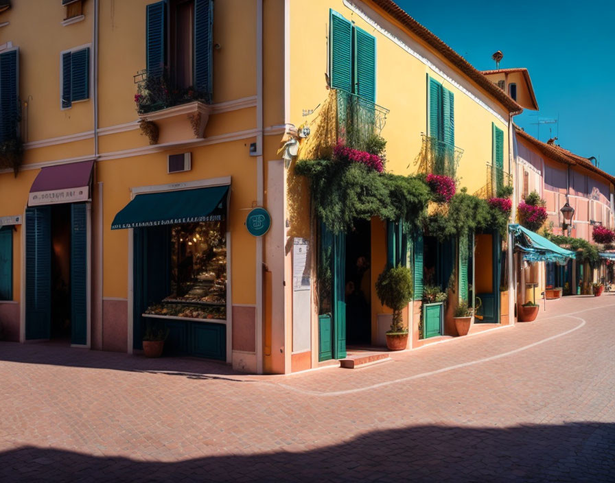 Picturesque European Street with Colorful Buildings and Green Shutters