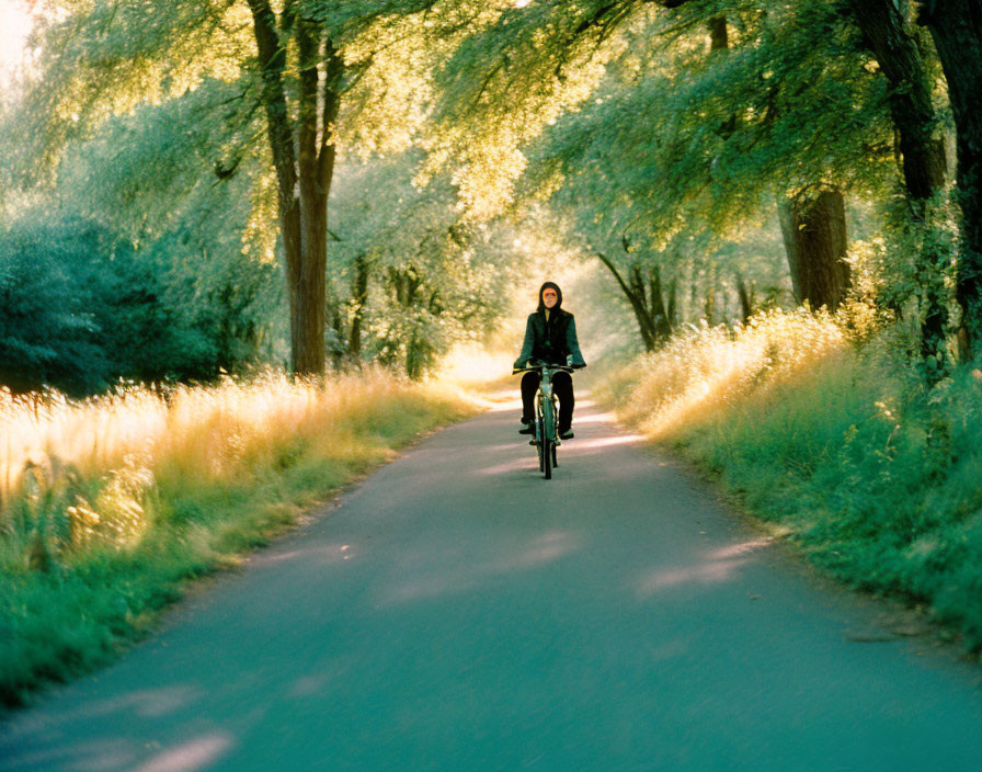 Cyclist on Woodland Path with Sunlight Filtering Through Trees