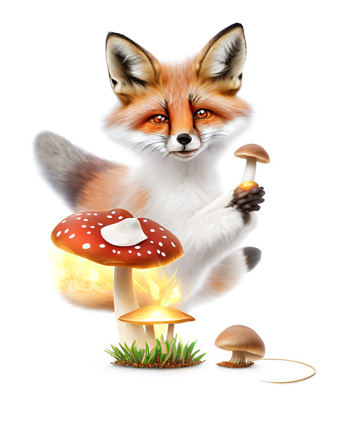 Anthropomorphic fox with small and large mushrooms.