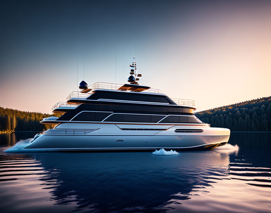 Luxurious yacht sailing at dusk with forested shoreline backdrop