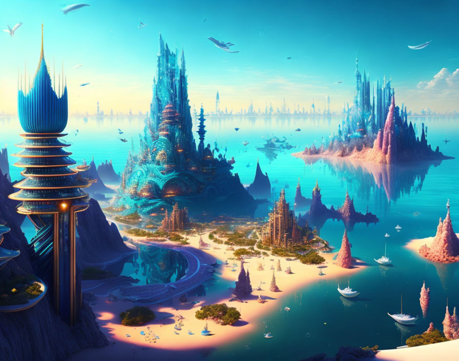 Fantastical cityscape with spire-like structures and water islands under bright blue sky