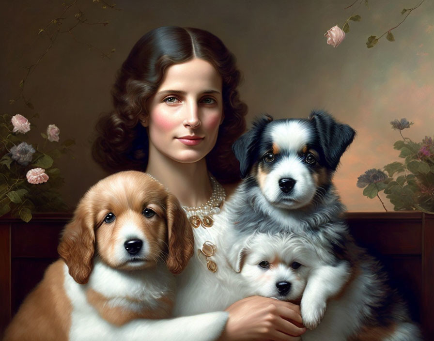 Classical portrait of woman with serene smile holding two puppies